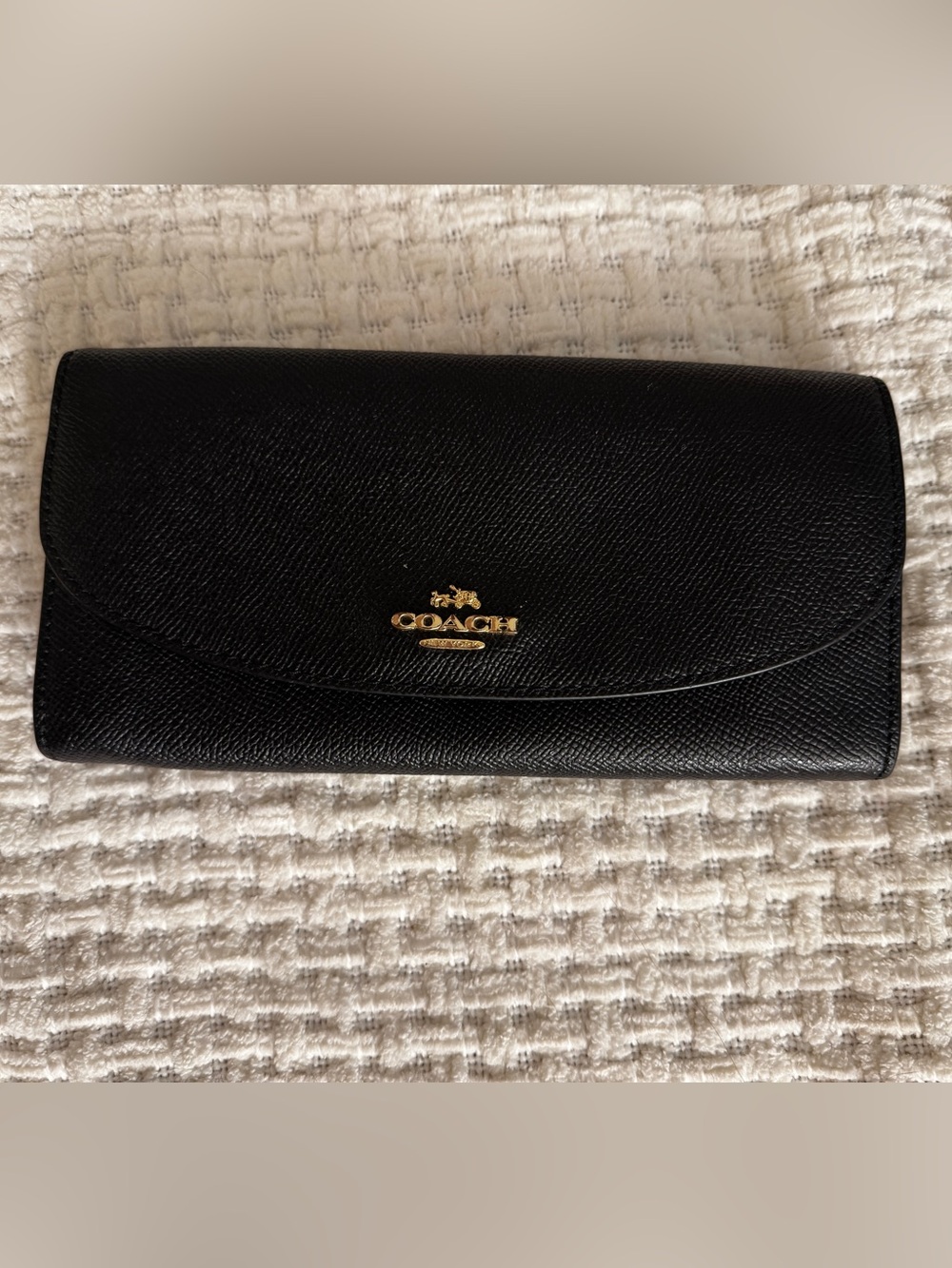 COACH Black Leather Envelope Wallet with Gold Logo Accent